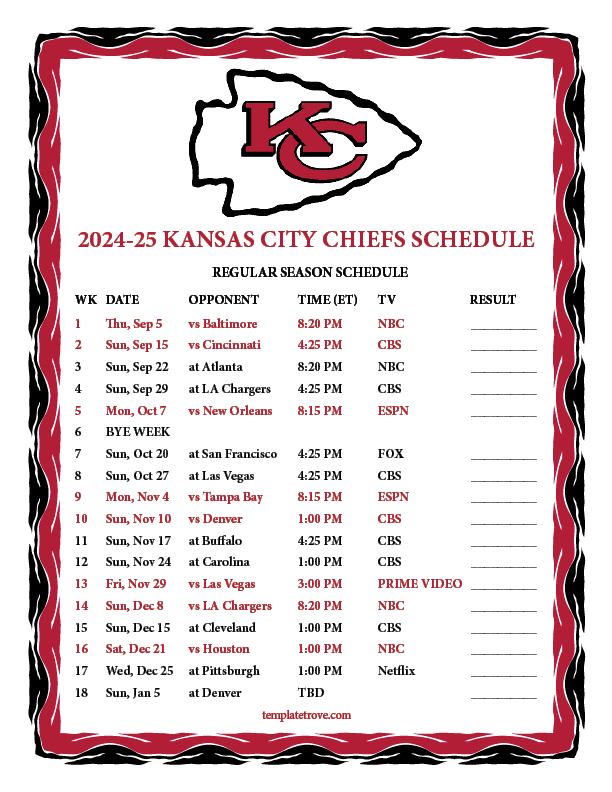 Printable 2024 2025 Kansas City Chiefs Schedule