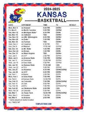 Kansas Jayhawks Basketball 2024-25 Printable Schedule - Mountain Times