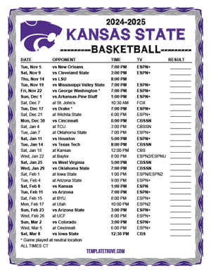 Kansas State Wildcats Basketball 2024-25 Printable Schedule - Central Times