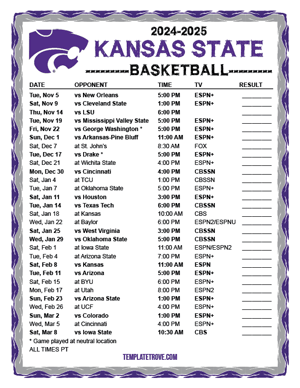 Kansas State Wildcats Basketball 2024-25 Printable Schedule - Pacific Times