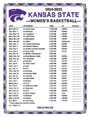 Kansas State Wildcats Women's Basketball 2024-25 Printable Schedule - Central Times