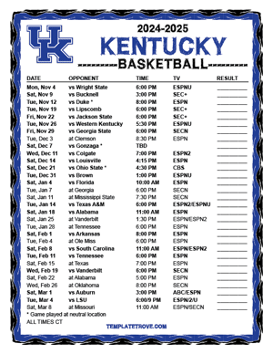 Kentucky Wildcats Basketball 2024-25 Printable Schedule - Central Times