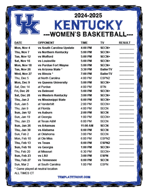 Kentucky Wildcats Women's Basketball 2024-25 Printable Schedule - Central Times