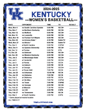 Kentucky Wildcats Women's Basketball 2024-25 Printable Schedule