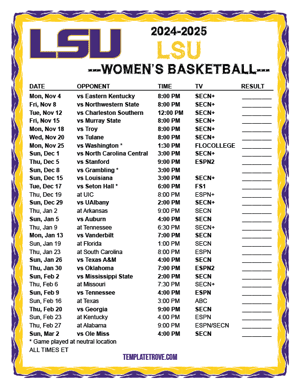 LSU Tigers Women's Basketball 2024-25 Printable Schedule