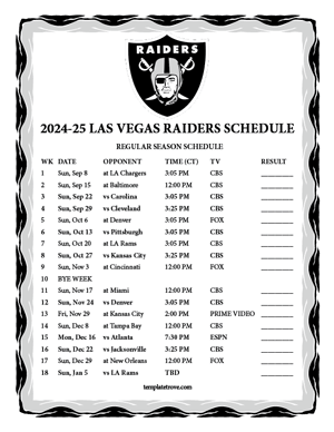 Las Vegas Raiders 2024-25
 Printable Schedule - Central Times