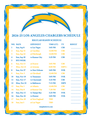 Los Angeles Chargers 2024-25
 Printable Schedule - Central Times