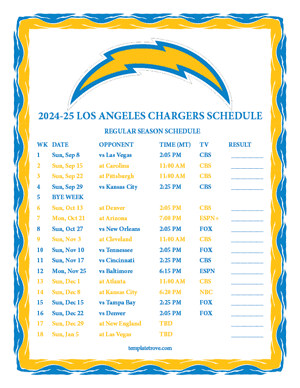 Los Angeles Chargers 2024-25
 Printable Schedule - Mountain Times
