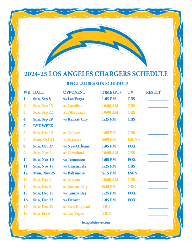 Printable 2024 2025 Los Angeles Chargers Schedule