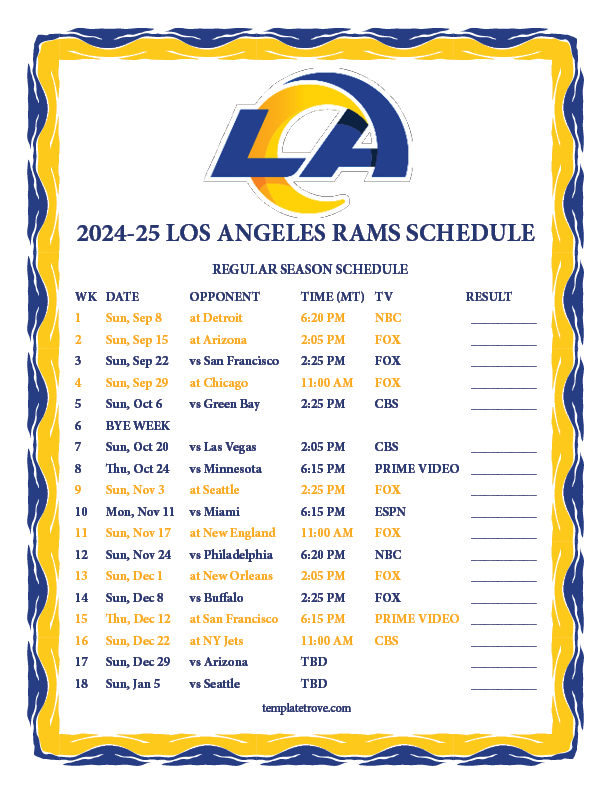 Printable 2024 2025 Los Angeles Rams Schedule