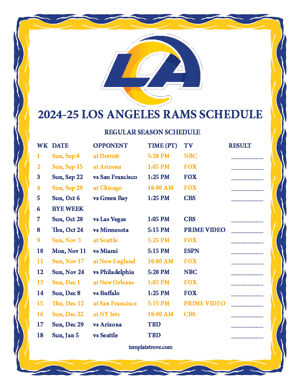 Los Angeles Rams 2024-25
 Printable Schedule - Pacific Times