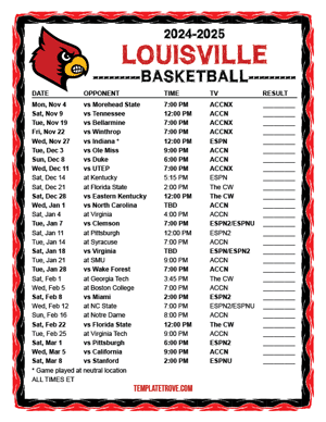 Louisville Cardinals Basketball 2024-25 Printable Schedule