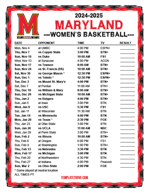 Maryland Terrapins Women's Basketball 2024-25 Printable Schedule - Pacific Times