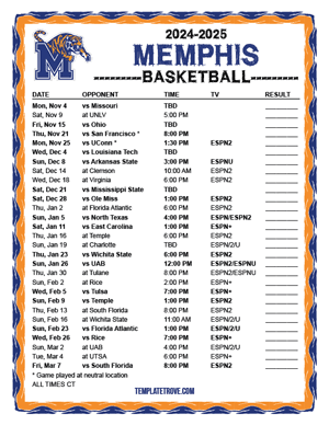 Memphis Tigers Basketball 2024-25 Printable Schedule - Central Times