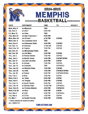 Memphis Tigers Basketball 2024-25 Printable Schedule