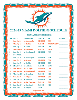 Miami Dolphins 2024-25
 Printable Schedule - Central Times