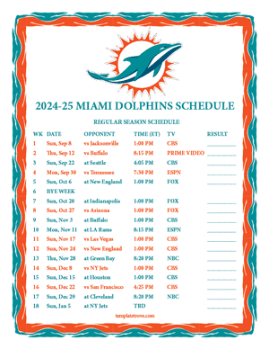 Miami Dolphins 2024-25
 Printable Schedule