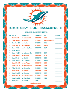 Miami Dolphins 2024-25
 Printable Schedule - Pacific Times