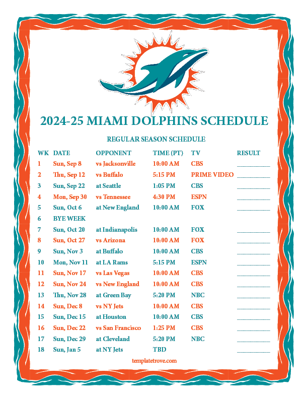 Printable 2024 2025 Miami Dolphins Schedule