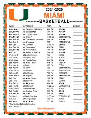 Miami Hurricanes Basketball 2024-25 Printable Schedule - Central Times