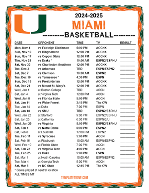 Miami Hurricanes Basketball 2024-25 Printable Schedule - Mountain Times