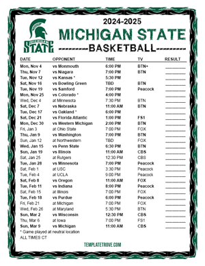 Michigan State Spartans Basketball 2024-25 Printable Schedule - Central Times