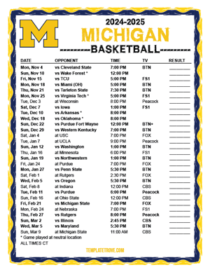 Michigan Wolverines Basketball 2024-25 Printable Schedule - Central Times