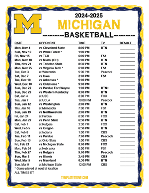 Michigan Wolverines Basketball 2024-25 Printable Schedule