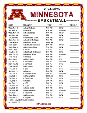 Minnesota Golden Gophers Basketball 2024-25 Printable Schedule - Central Times