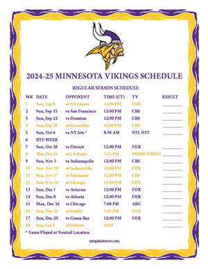 Minnesota Vikings 2024-25
 Printable Schedule - Central Times