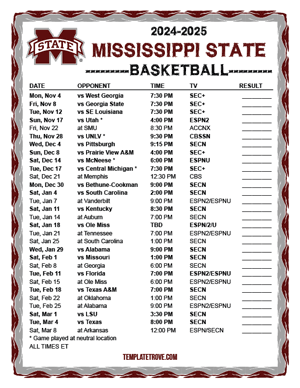 Mississippi State Bulldogs Basketball 2024-25 Printable Schedule