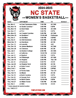 NC State Wolfpack Women's Basketball 2024-25 Printable Schedule