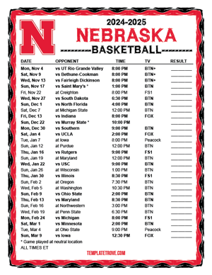 2024-25 Printable Nebraska Cornhuskers Basketball Schedule