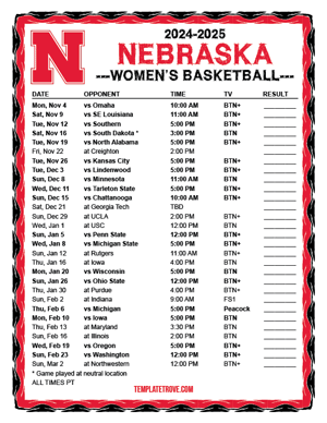 Nebraska Cornhuskers Women's Basketball 2024-25 Printable Schedule - Pacific Times