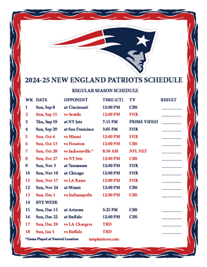 New England Patriots 2024-25
 Printable Schedule - Central Times