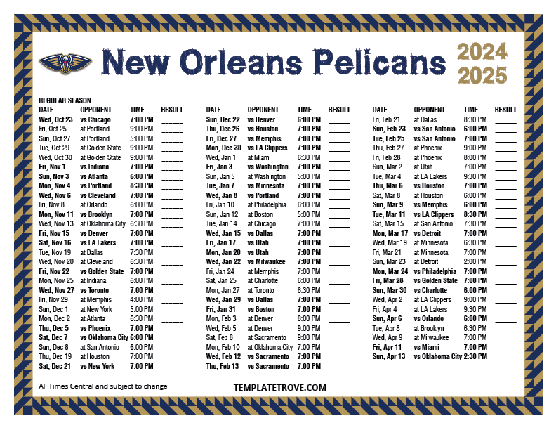 Printable 20242025 New Orleans Pelicans Schedule