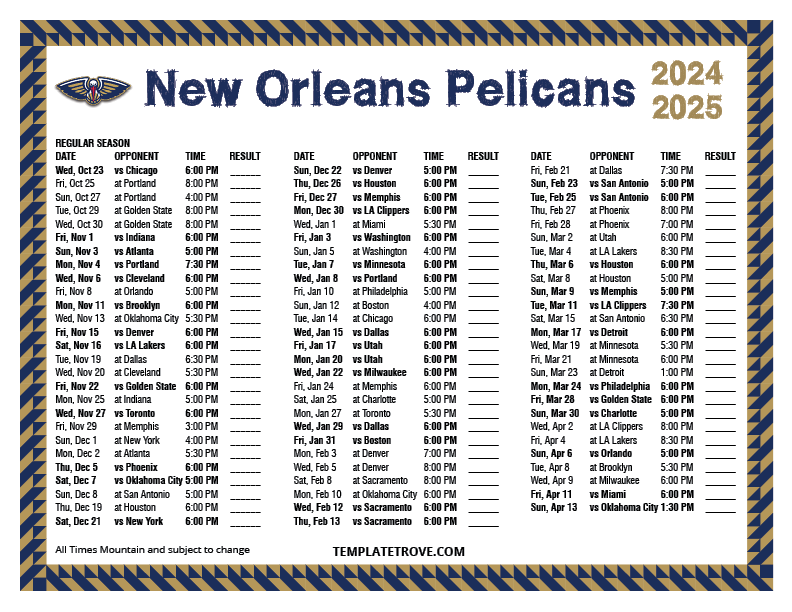 Printable 20242025 New Orleans Pelicans Schedule