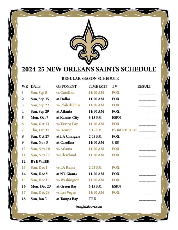 Printable 2024 2025 New Orleans Saints Schedule