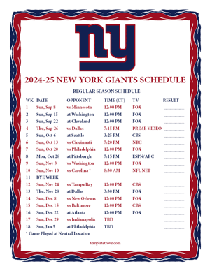 New York Giants 2024-25
 Printable Schedule - Central Times