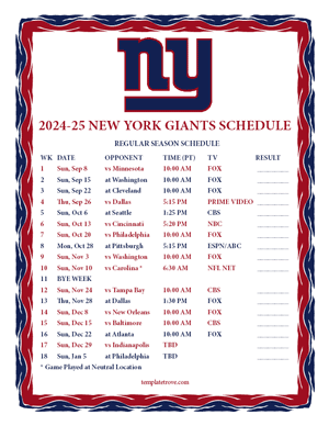 New York Giants 2024-25
 Printable Schedule - Pacific Times