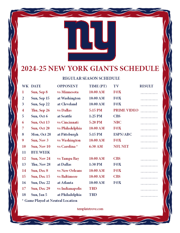 Printable 2024 2025 New York Giants Schedule