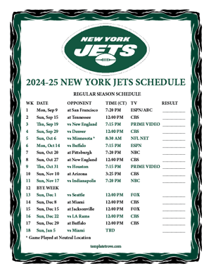 New York Jets 2024-25
 Printable Schedule - Central Times