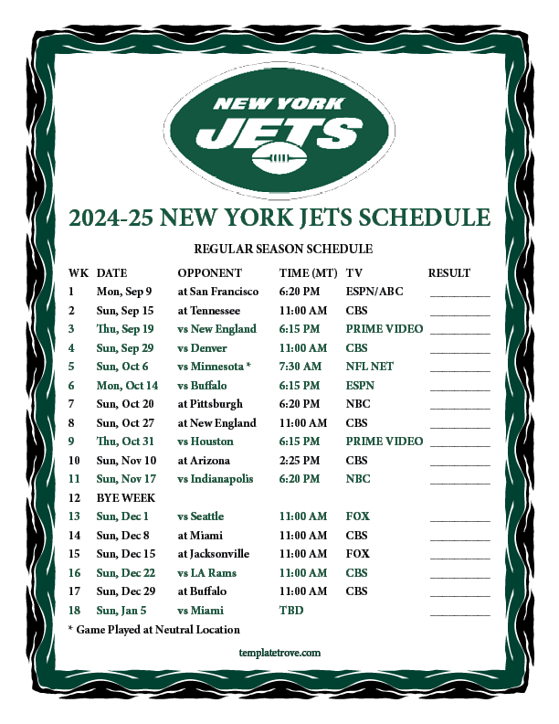 Printable 2024 2025 New York Jets Schedule