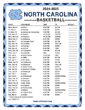 North Carolina Tarheels Basketball 2024-25 Printable Schedule - Central Times