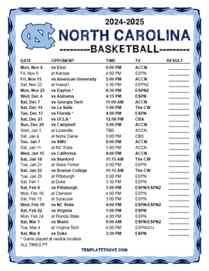 North Carolina Tarheels Basketball 2024-25 Printable Schedule - Pacific Times