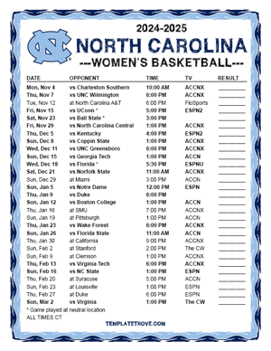 North Carolina Tar Heels Women's Basketball 2024-25 Printable Schedule - Central Times