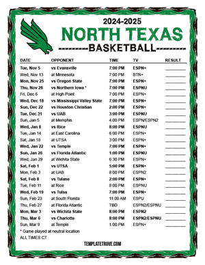 North Texas Mean Green Basketball 2024-25 Printable Schedule - Central Times