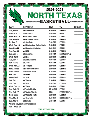 2024-25 Printable North Texas Mean Green Basketball Schedule