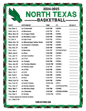 North Texas Mean Green Basketball 2024-25 Printable Schedule - Mountain Times