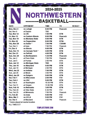 Northwestern Wildcats Basketball 2024-25 Printable Schedule